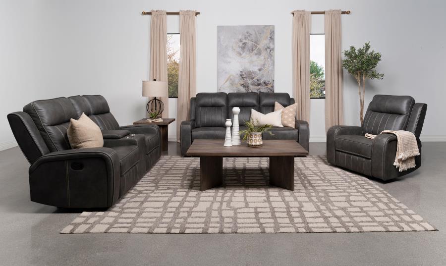 Raelynn - Upholstered Track Arm Motion Loveseat - Gray