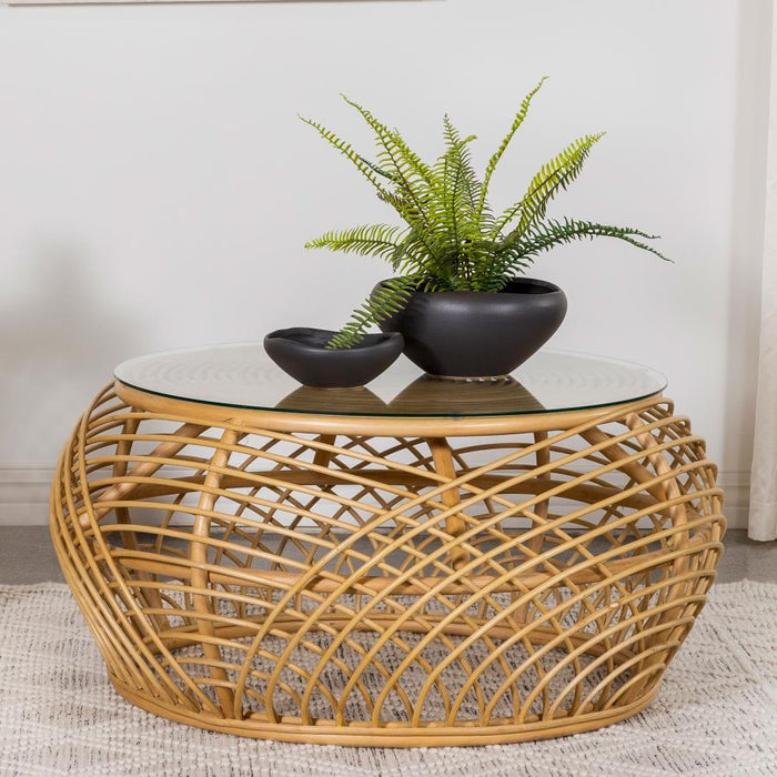 Dahlia - Round Glass Top Woven Rattan Coffee Table - Natural