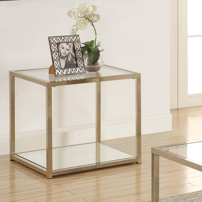 Cora - Glass Top End Table Mirrored Shelf - Chocolate Chrome